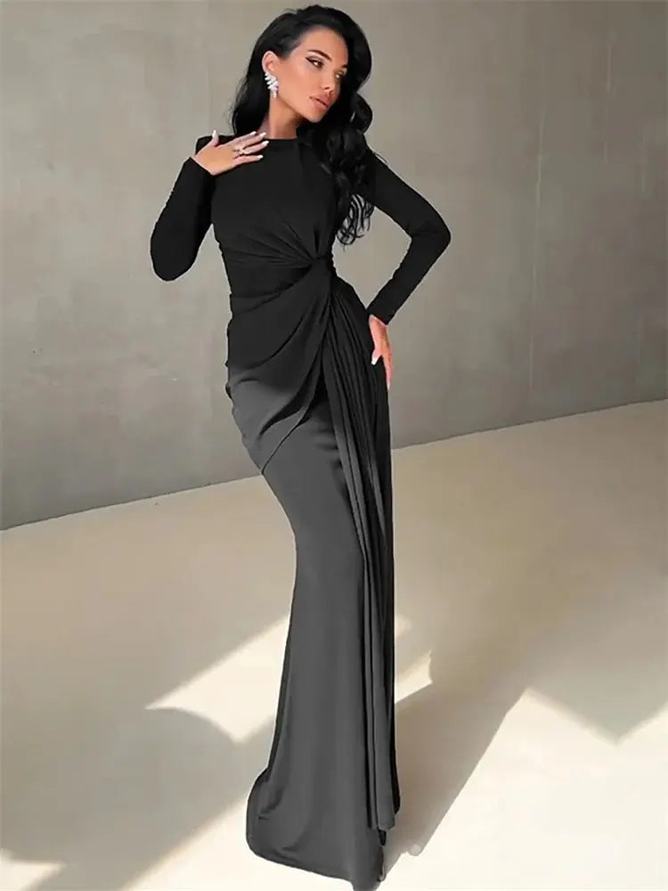Ladies Autumn Elegant Evening Party Dress Women Long Sleeve O-Neck Ruched Fashion Maxi Dresses Night Club Streetwear Fall Outfit Lizbert
