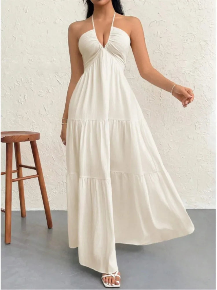 Sexy Deep V Neck Dress Lady Elegant Solid Halter Sleeveless Backless Loose Dresses For Women Fashion Beach Holiday Skirt Clothes - Lizbert