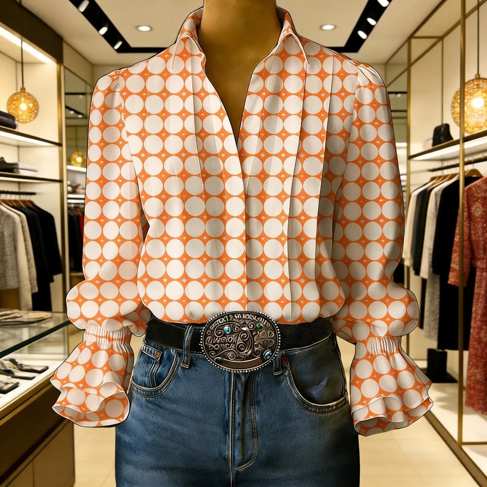 Pop Art Style Yellow Polka Dot Blouse Women's Vintage 70s Retro Shirt Flare Bell Sleeves & Turn-Down Collar Loose Fit Casual Top Lizbert