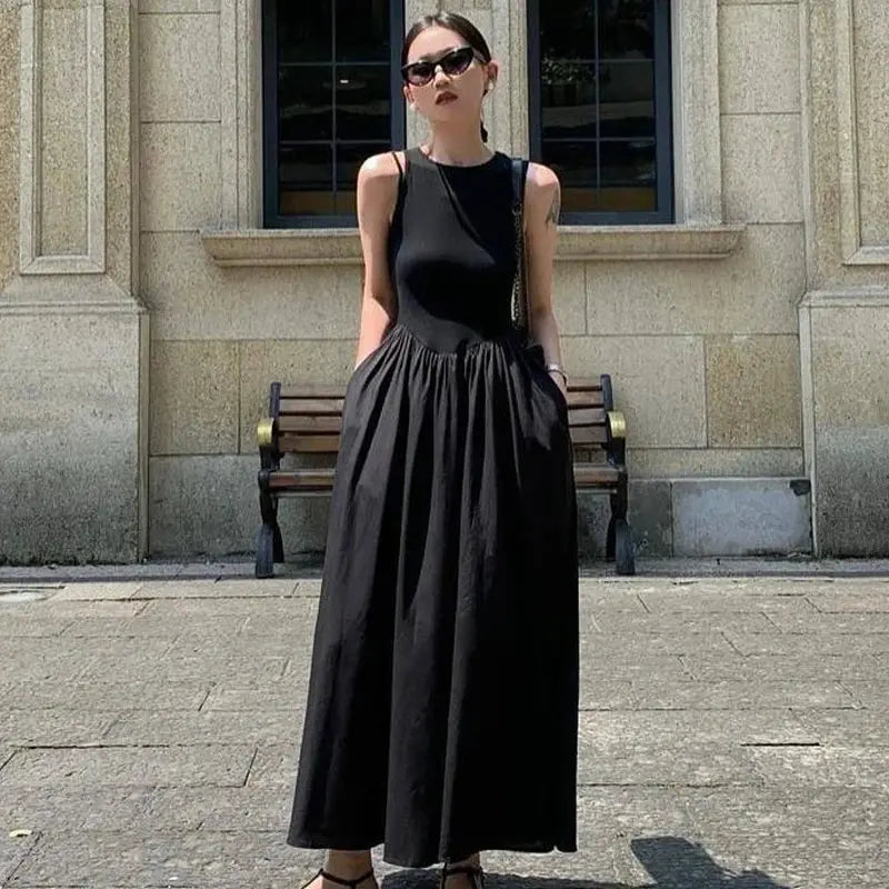 HXAO Black Dress Women Slim Simple O Neck Sleeveless Long Dress Holiday Dress Street Casual Dresses 2025 Women's Summer Dress Lizbert