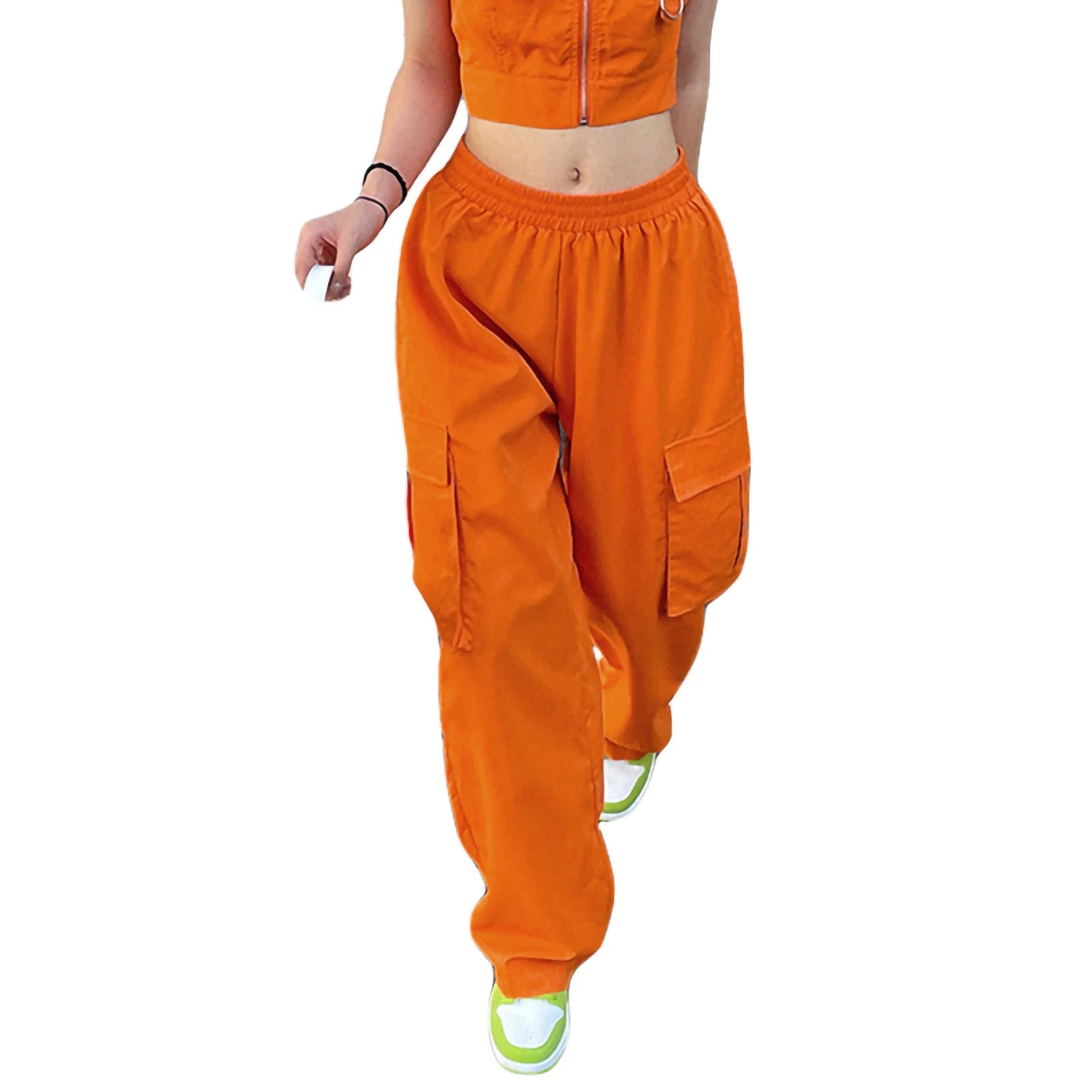 New Women's Casual Pants, Elastic Waist Solid Color Straight Leg Pocketed Loose Cargo Trousers - Lizbert
