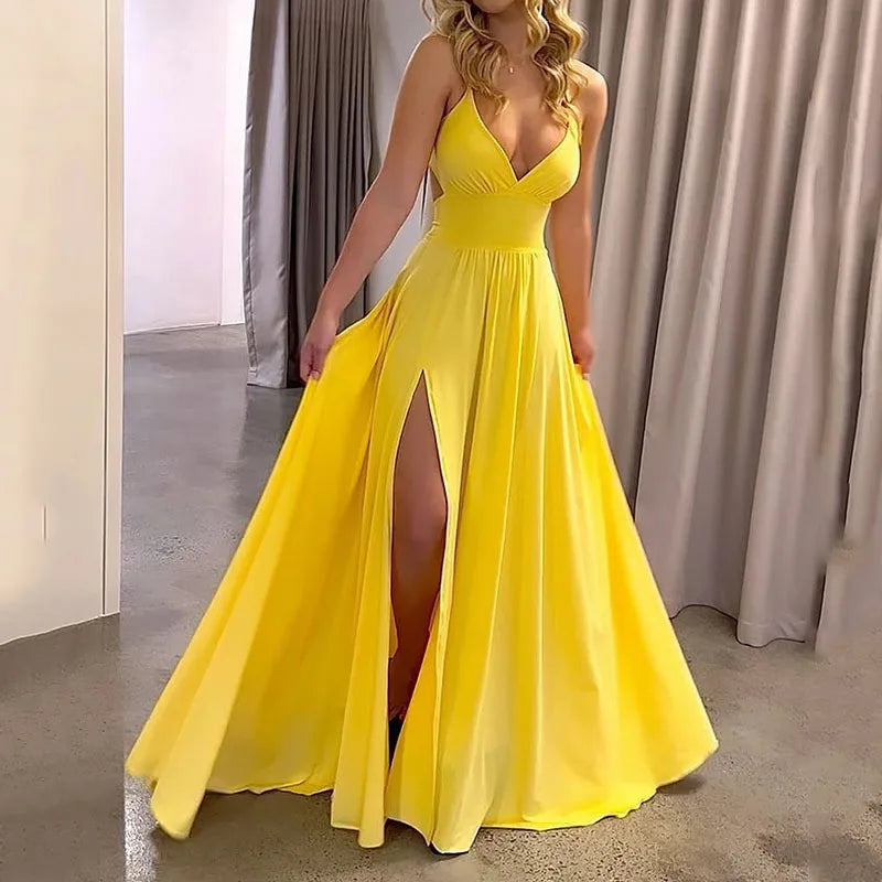 Women Sexy Spaghetti Strap V Neck Dresses Hollow Out Sleeveless Side Split Evening Dress Elegant Solid High Waist Pleat Vestidos - Lizbert