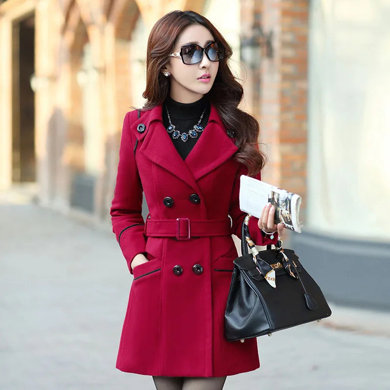 Autumn Winter Women Wool Coat 2024 Ladies Woolen Long Coat Female Fashion Slim-fit Double-Breasted Jacket with Belt S-3XL Lizbert