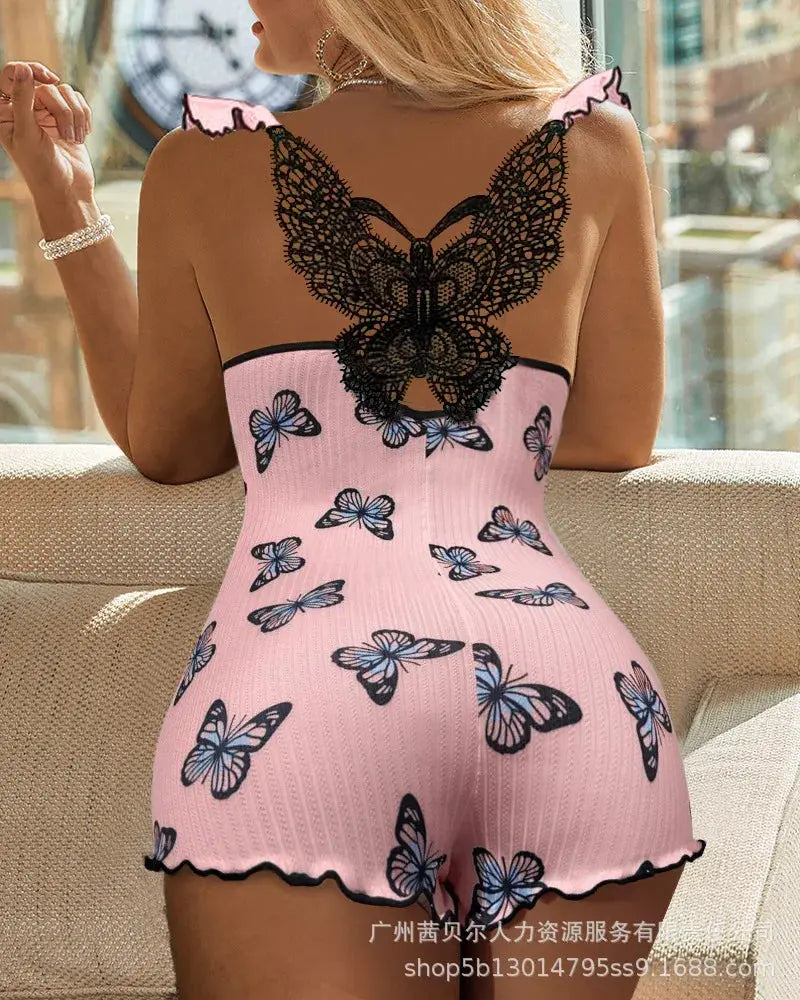 Women Sleeveless Teddy Bodysuit Sexy Lingerie Butterfly Pattern Contrast Lace Pajama Romper Lizbert