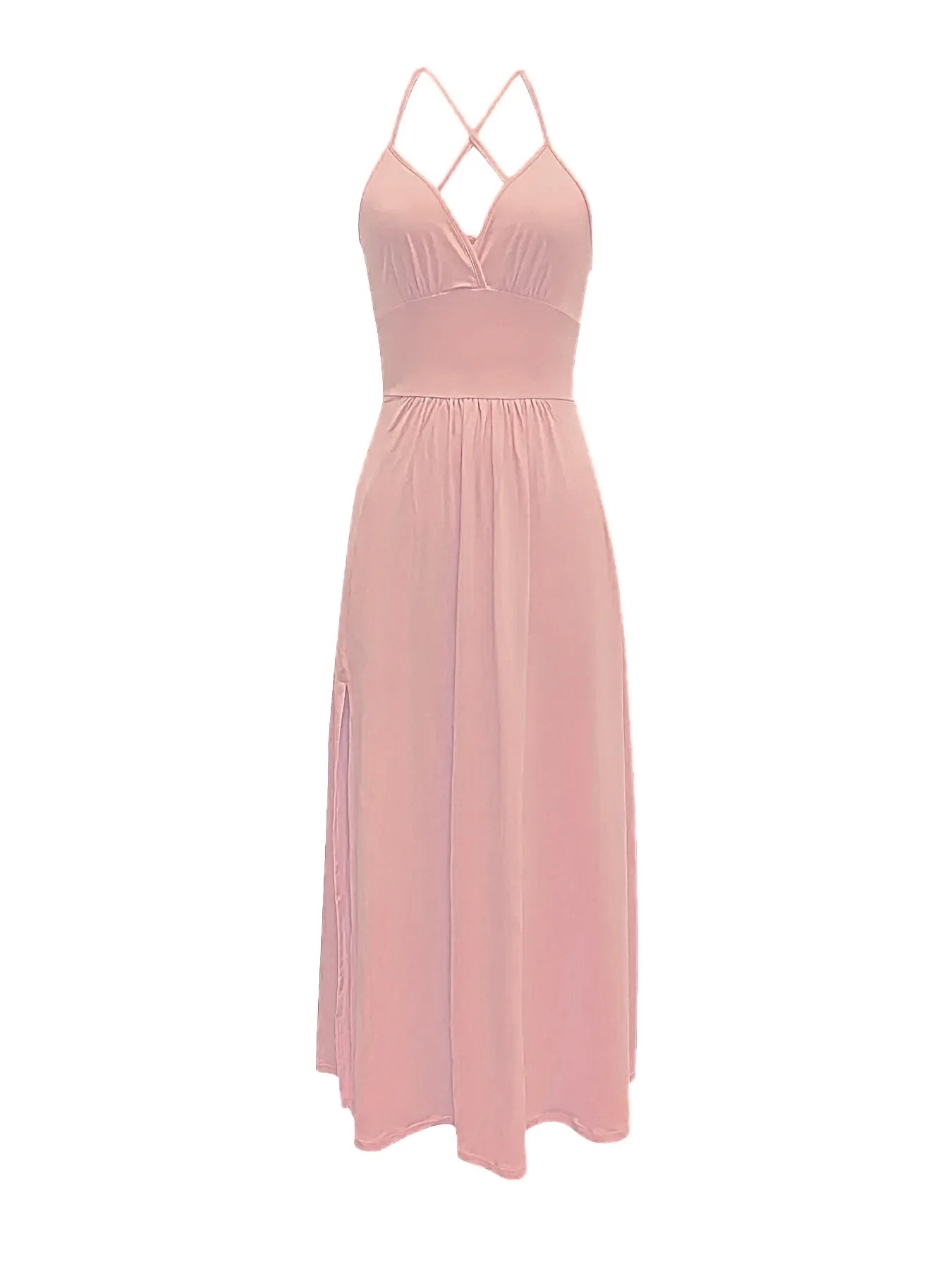 Women Sexy Spaghetti Strap V Neck Dresses Hollow Out Sleeveless Side Split Evening Dress Elegant Solid High Waist Pleat Vestidos - Lizbert