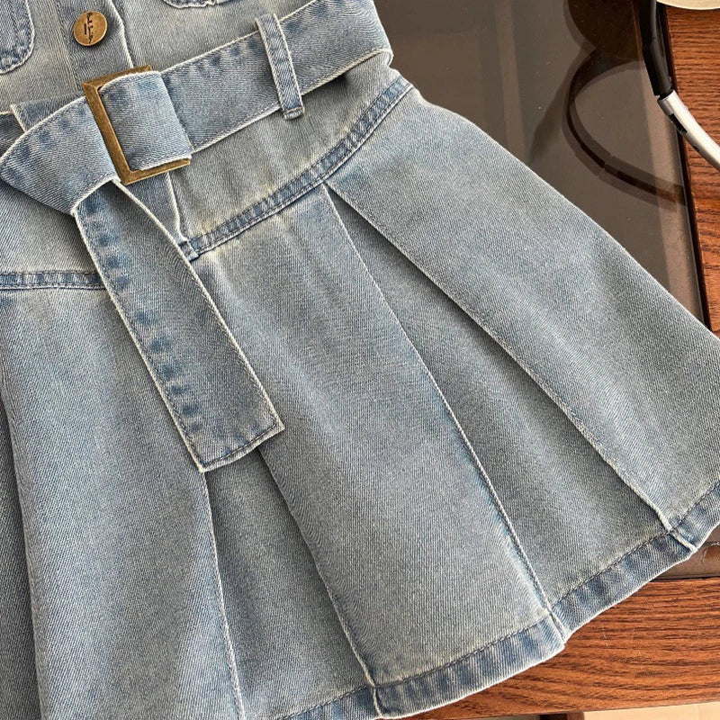 Summer New Girls Denim Dress Belt Decoration Lapel Collar Sleeveless Tutu Princess Dress For 2 -10 Years Kids Fashion Dress Lizbert