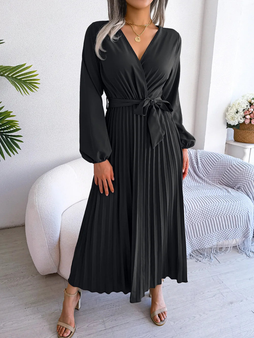 Women Elegant V Neck Long Sleeve Pleated Maxi Dress - Lizbert