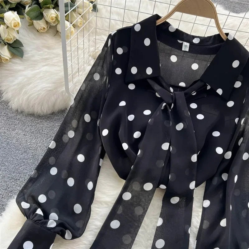 Chiffon Shirt Sweet Polka Dot Tops Blusas Femininas Elegantes Blouse Vintage Black Shirts Y2k New 2025 Spring Thin Lizbert