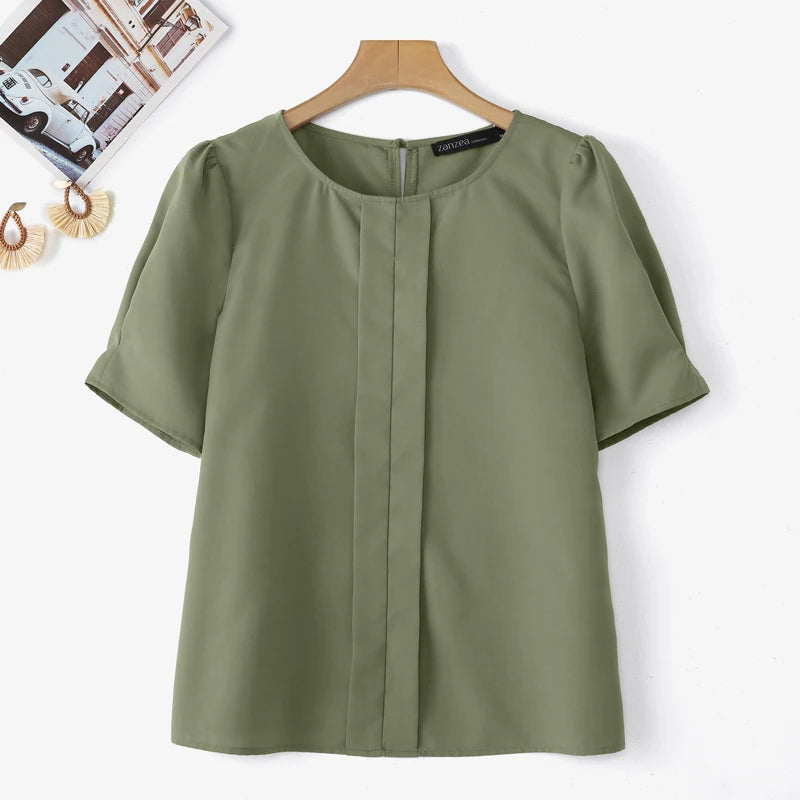 ZANZEA Korean Women Fashion Blouse Summer Short Sleeve Tunic Tops Casual Pleated Solid Color Shirts O-Neck Loose Blusas Feminina Lizbert