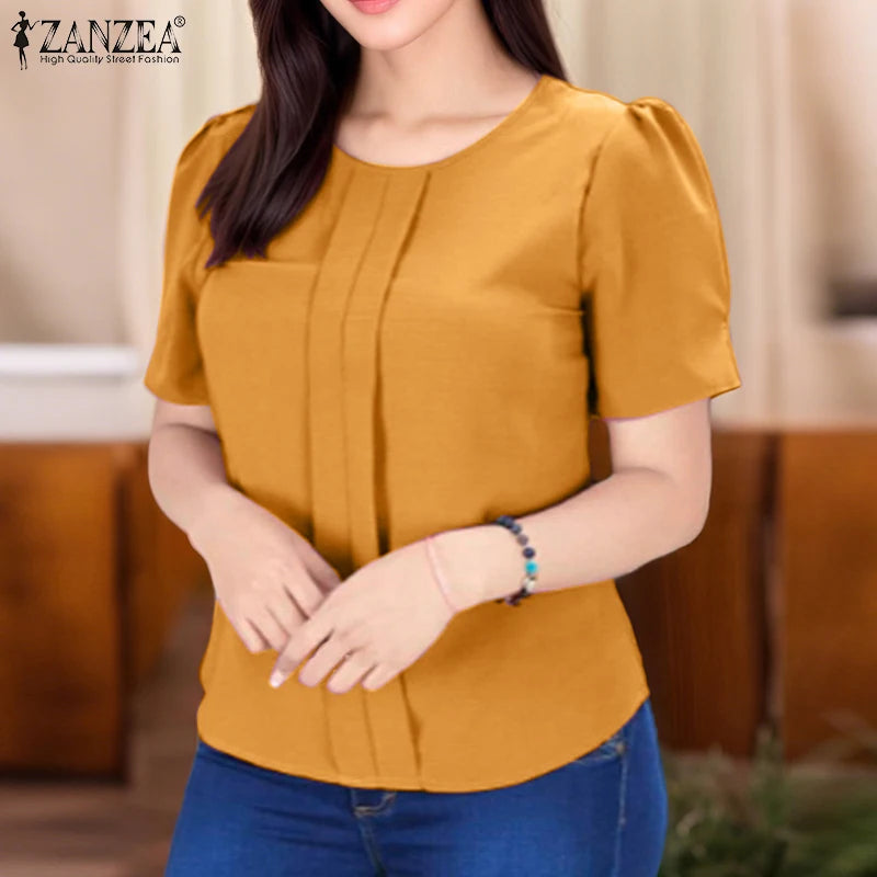 ZANZEA Korean Women Fashion Blouse Summer Short Sleeve Tunic Tops Casual Pleated Solid Color Shirts O-Neck Loose Blusas Feminina Lizbert