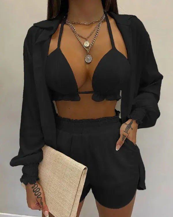 2024 New Bathing Suit Shorts Cover Up Summer Three Pieces Swimwear Sexy Beachwear High Waist Bikini Set Print Women's Swimsuit Lizbert