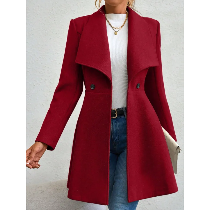 Europe America Autumn Winter New Style Womens Woolen Coat Fashion Trendy Lapel Button Slim Fit Solid Color Versatile Overcoat Lizbert