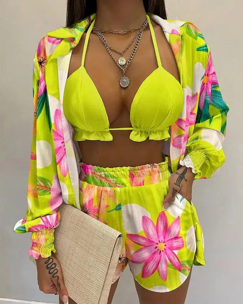 2024 New Bathing Suit Shorts Cover Up Summer Three Pieces Swimwear Sexy Beachwear High Waist Bikini Set Print Women's Swimsuit Lizbert