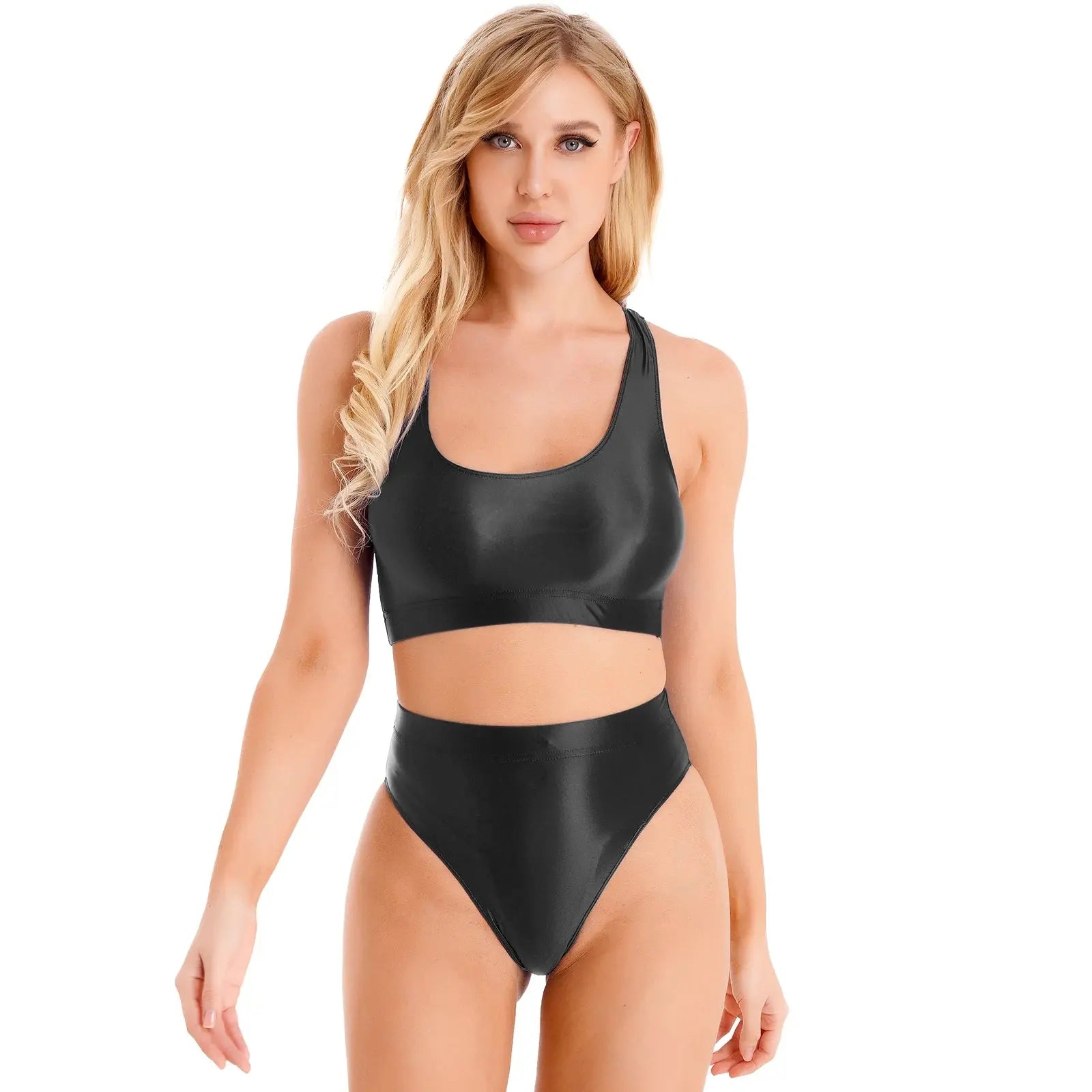 womens swimsuit Oil Glossy Swimsuit Outfit Tank Crop Top With Briefs Panties Shorts Workout Sports Suit Pole Dancing Clubwear Swimsuit Lizbert