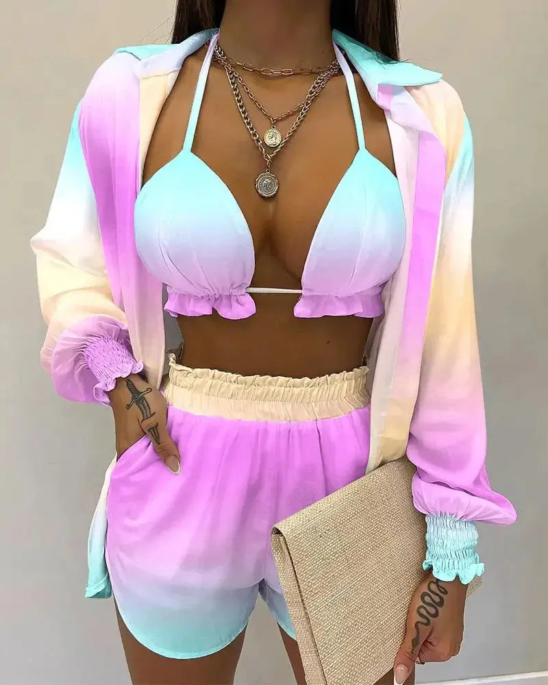 2024 New Bathing Suit Shorts Cover Up Summer Three Pieces Swimwear Sexy Beachwear High Waist Bikini Set Print Women's Swimsuit Lizbert