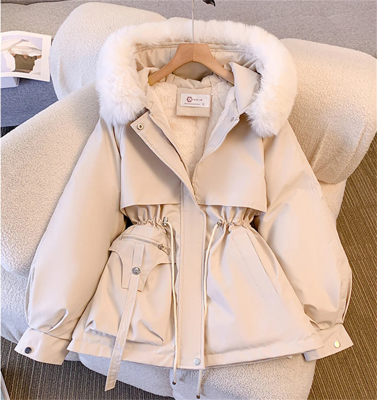 Women Autumn Winter Fashion Coats Korean Hooded Drawstring Padded Jackets Solid Female Casual Street Outfit Coat Zip Up Parkas Lizbert