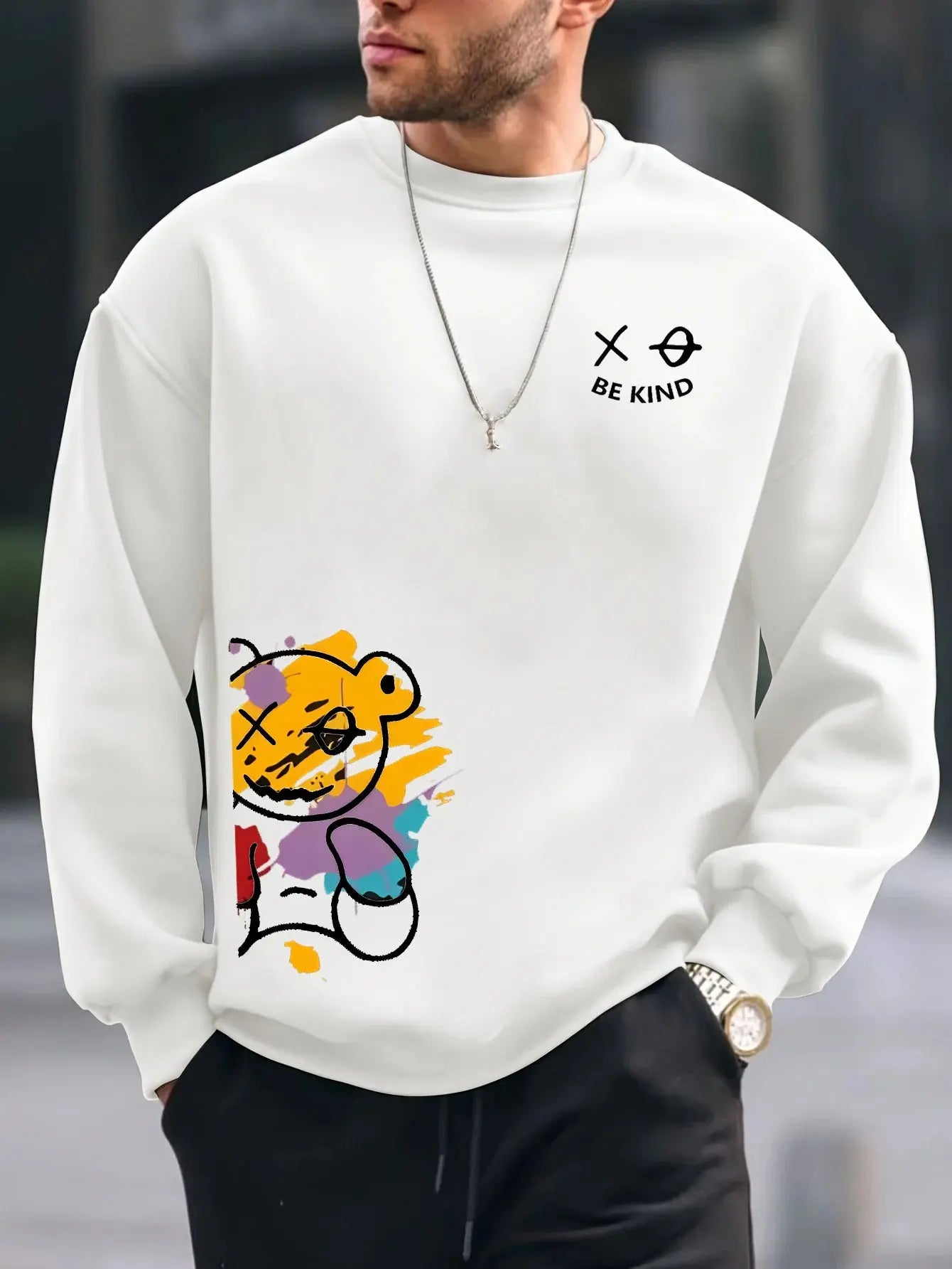 Men's sweatshirt autumn and winter fashionable casual loose BE KING bear cartoon printed fleece pullover round neck long sleeved sweatshirt Lizbert
