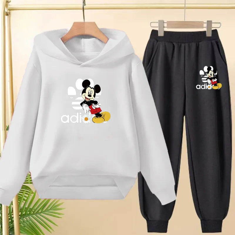 Children's Black Hoodie Anime Mickey Print Pullover 3-12Yrs Coat Sweatshirt+Pants Boys Girls Toddler Sports Clothing Leisure Set