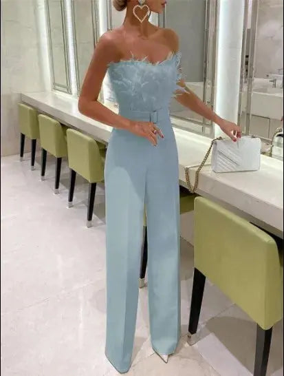 Jumpsuit Women Elegant Long Jumpsuit Strapless Slash Neck Feather Tube Top Sexy Fashion Party Night Evening Jumpsuit 2021 Summer Lizbert