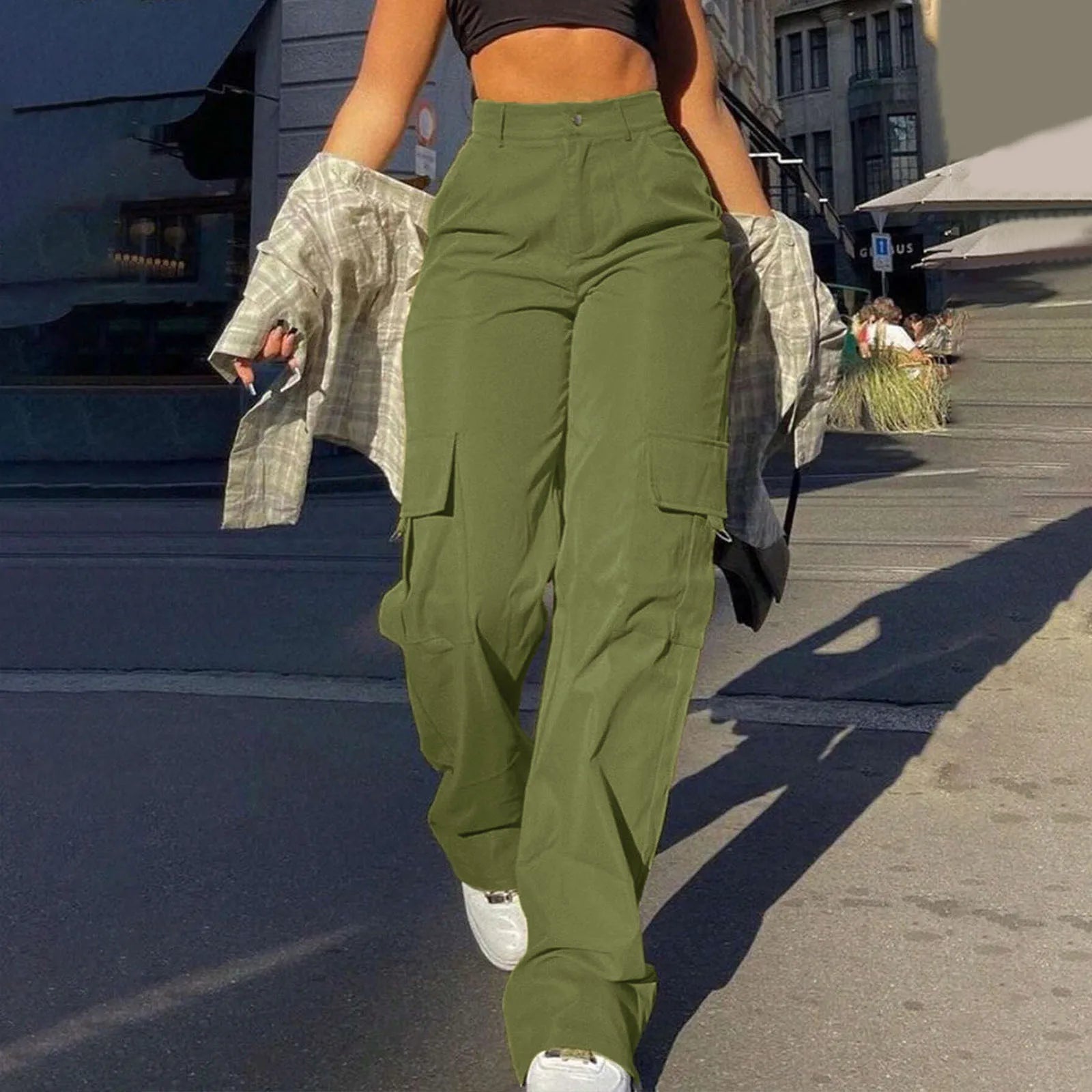 Women's Loose Cargo Pants High Waist Wide Leg Solid Color Full Length Trousers With Pockets Casual All Seasons Long Pantalones - Lizbert