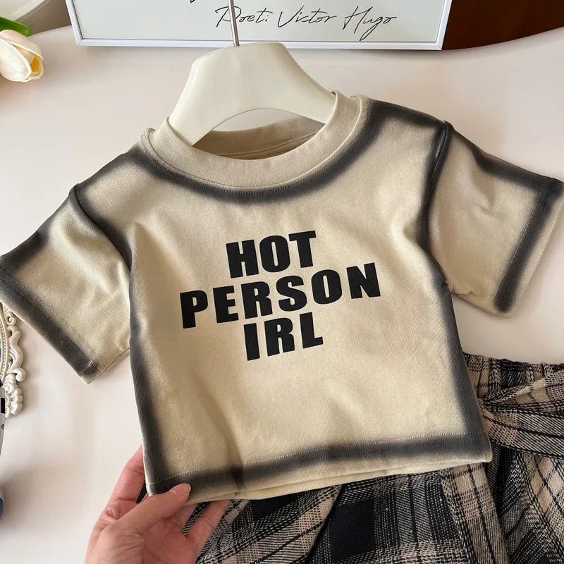 Summer Children's Clothing Girls Outfit Set Fashion Letter Print Short Sleeved T-Shirt+Irregular Plaid Skirt Toddler Clothes