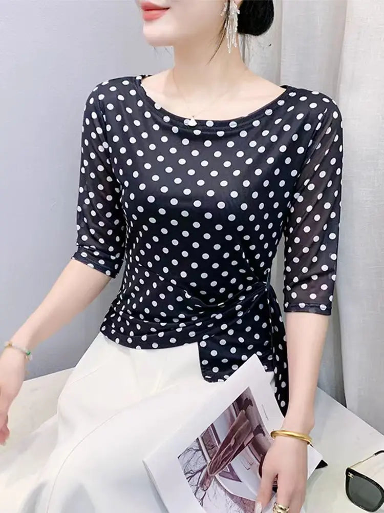 Summer Half Sleeve T-shirts Women Print Polka Dots Mesh Tops Girl Irregular Sweet Tshirt Lizbert