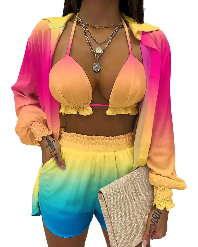 2024 New Bathing Suit Shorts Cover Up Summer Three Pieces Swimwear Sexy Beachwear High Waist Bikini Set Print Women's Swimsuit Lizbert