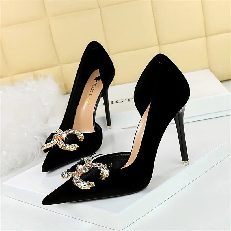 Fashion Women High Heel Rhinestone Buckle Bow Green Pink Pointed Toe Party Pumps Velvet Luxury Elegant Wedding Evening Shoes Lizbert