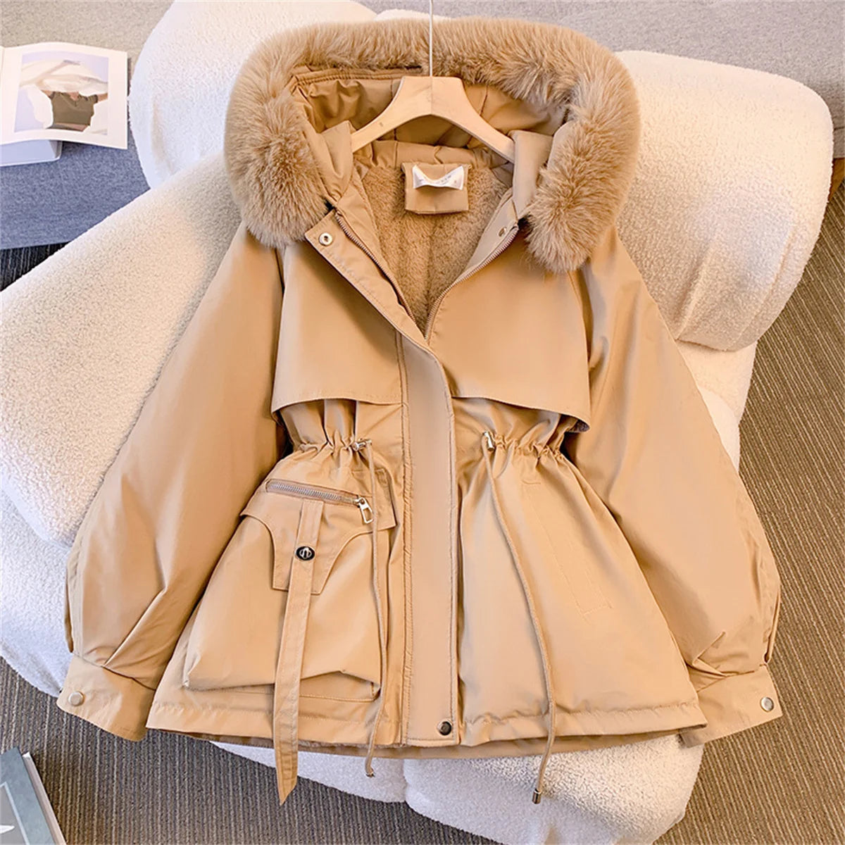 Women Autumn Winter Fashion Coats Korean Hooded Drawstring Padded Jackets Solid Female Casual Street Outfit Coat Zip Up Parkas Lizbert