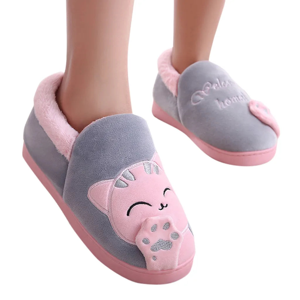 Women Winter Home Slippers Cartoon Cat Non-Slip Warm Indoors Bedroom Floor Shoes Zapatos Mujer 2024 Tendencia