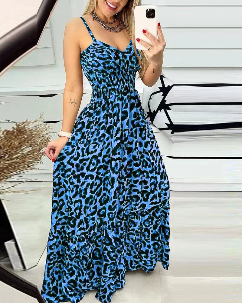 2023 European And American Summer New Leopard Ptteran Suspender V-Neck Dress High Waist Dress Sexy Temperament Fashion Long Dres