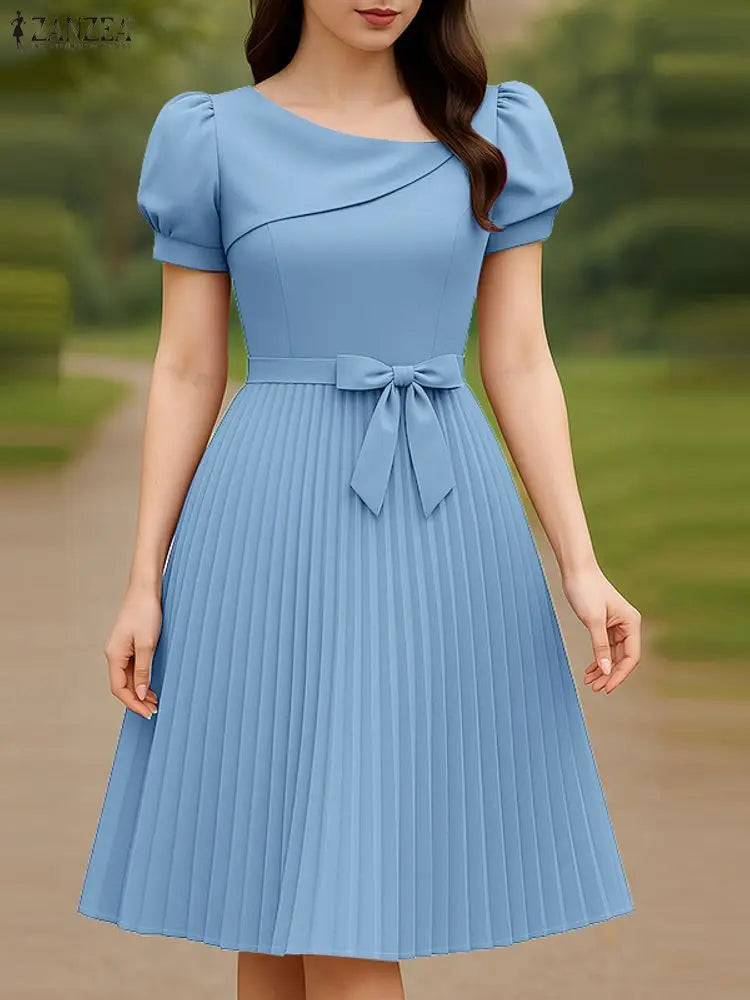 Elegant Square Neck Party Dresses ZANZEA Women 2025 Summer Dress Puff Sleeve OL Work  Vestidos Midi Robe Solid Pleated Sundress Lizbert