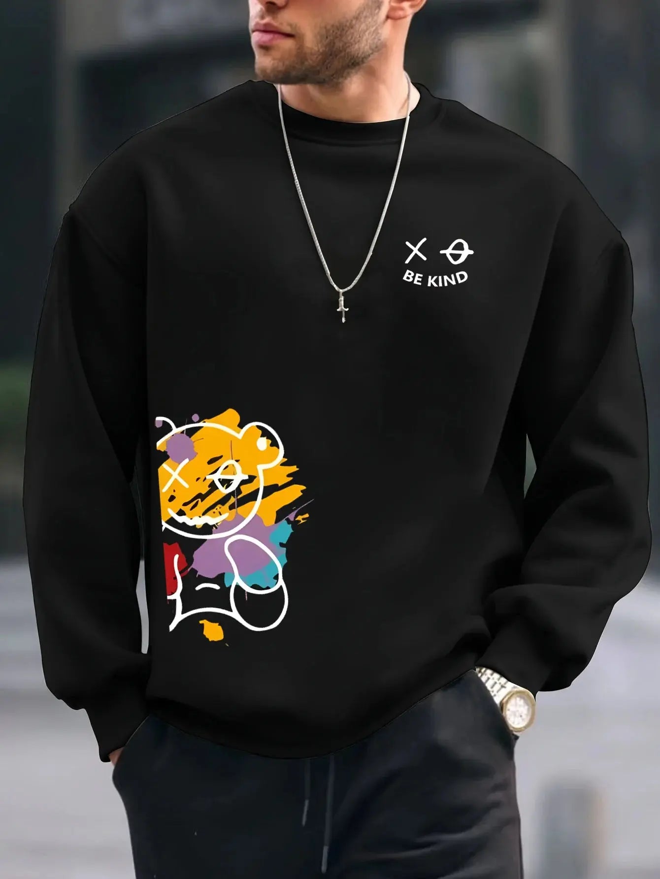 Men's sweatshirt autumn and winter fashionable casual loose BE KING bear cartoon printed fleece pullover round neck long sleeved sweatshirt Lizbert