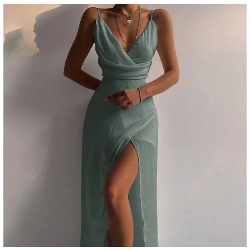Women Elegant Strap Sleeveless V Neck High Waist Folds Halter Slit Evening Long Dress Night Clubwear Sexy Corset Party Dress - Lizbert