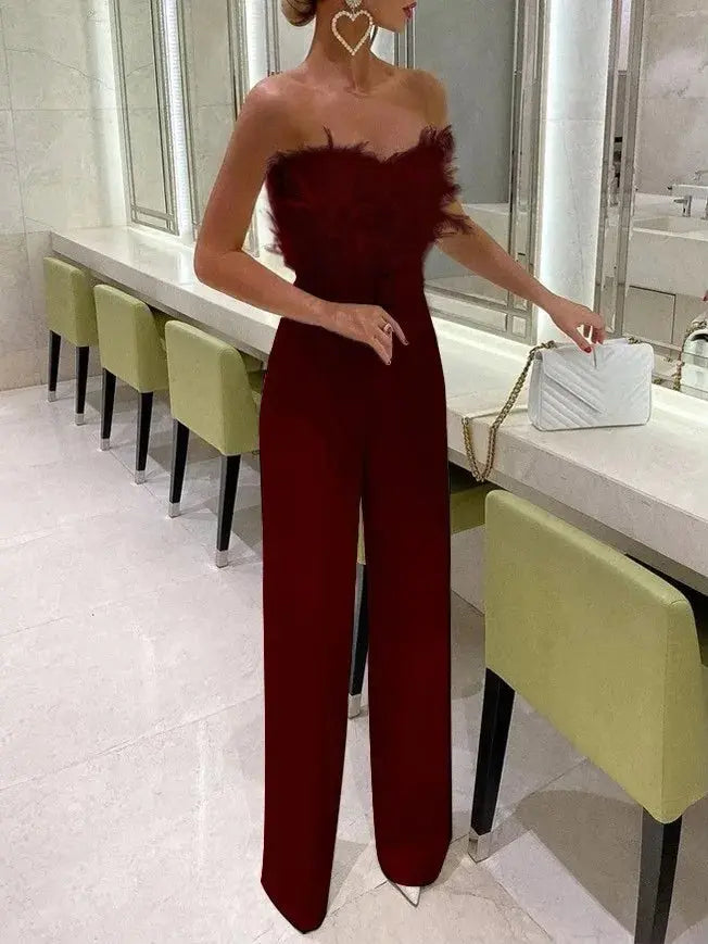 Jumpsuit Women Elegant Long Jumpsuit Strapless Slash Neck Feather Tube Top Sexy Fashion Party Night Evening Jumpsuit 2021 Summer Lizbert