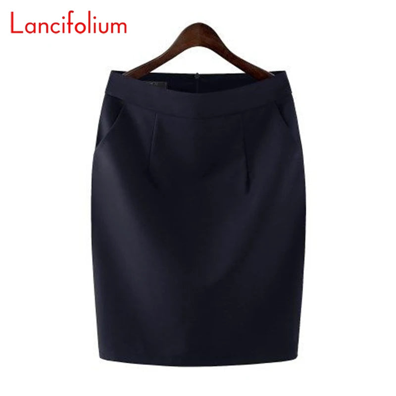 Knee Length Work Office High Waist Skirt Women Summer Vintage Formal OL Skirt Pocket Female Black Grey Bodycon Business Skirt Lizbert