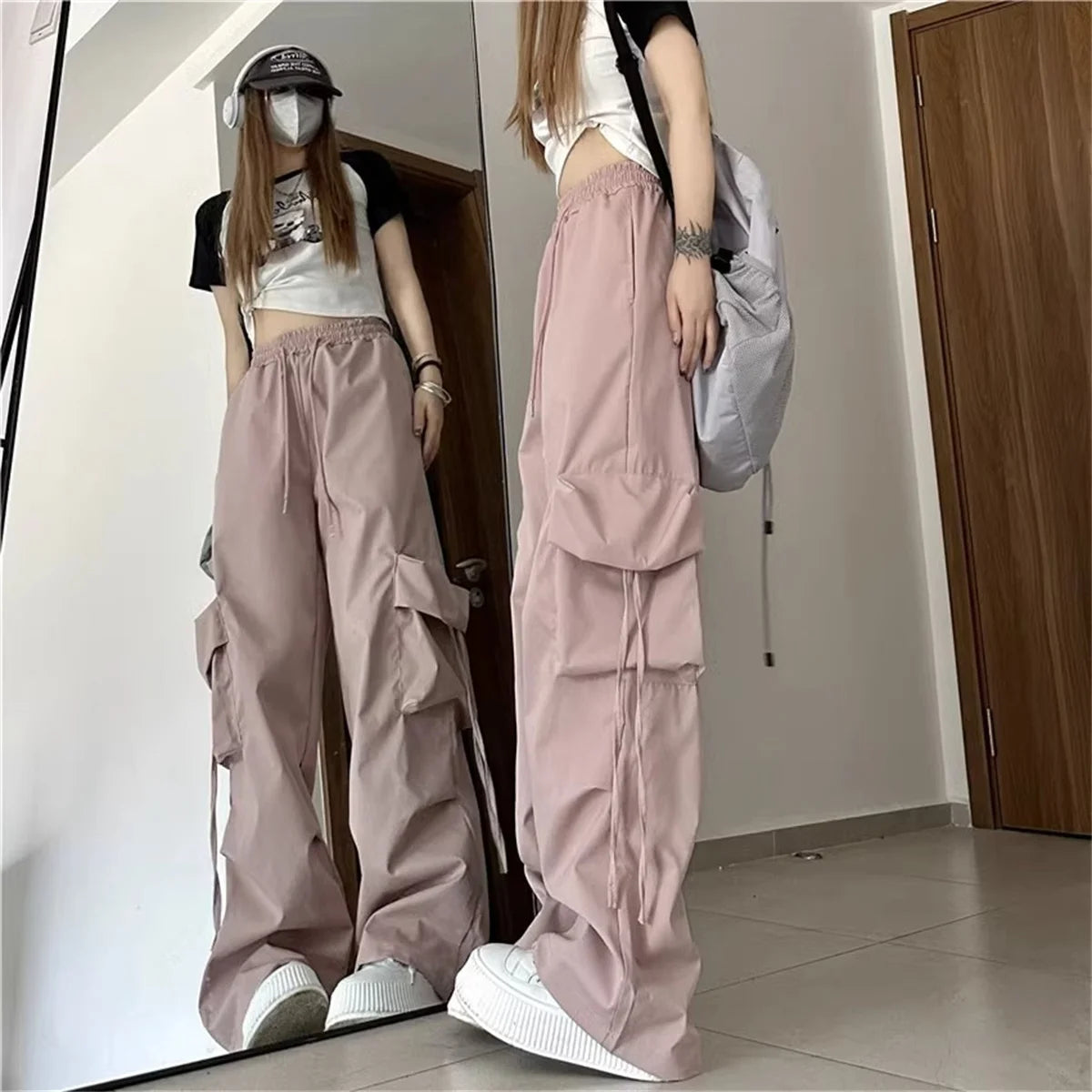 Plus Size Women Cargo Pants High Waist Solid Fashion Street Pant Vintage Drawstring Pocket Trousers Loose Casual Joggers Clothes - Lizbert