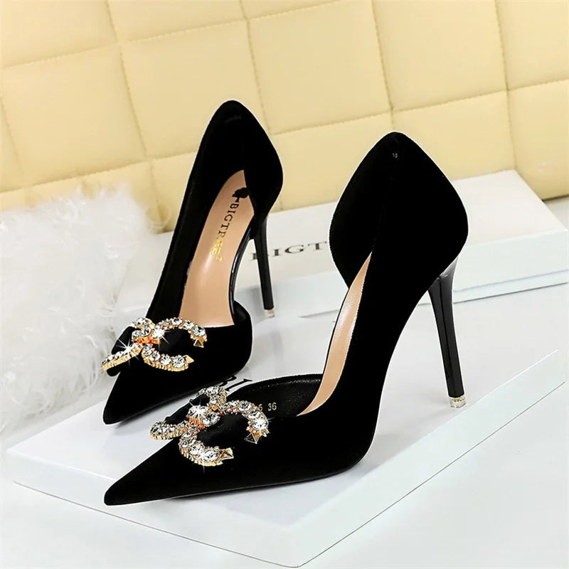 Fashion Women High Heel Rhinestone Buckle Bow Green Pink Pointed Toe Party Pumps Velvet Luxury Elegant Wedding Evening Shoes Lizbert