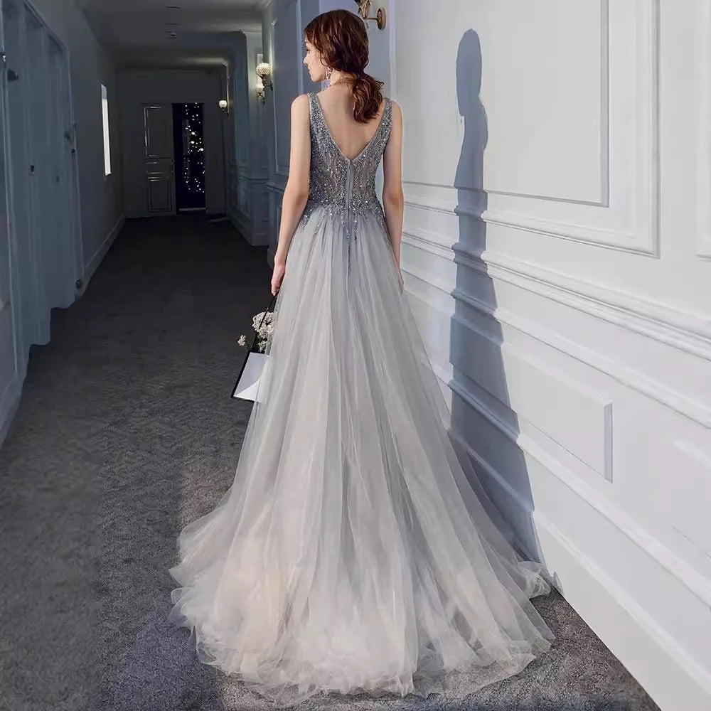 Summer Long Elegant Evening Party Gown V-Neck Prom Dresses Backless A-line Maxi Women Vestidos - Lizbert