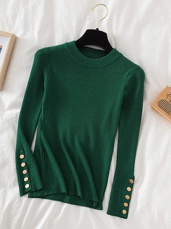 2025 women thick sweater pullovers khaki casual autumn winter button o-neck chic sweater female slim knit top soft jumper tops - Lizbert