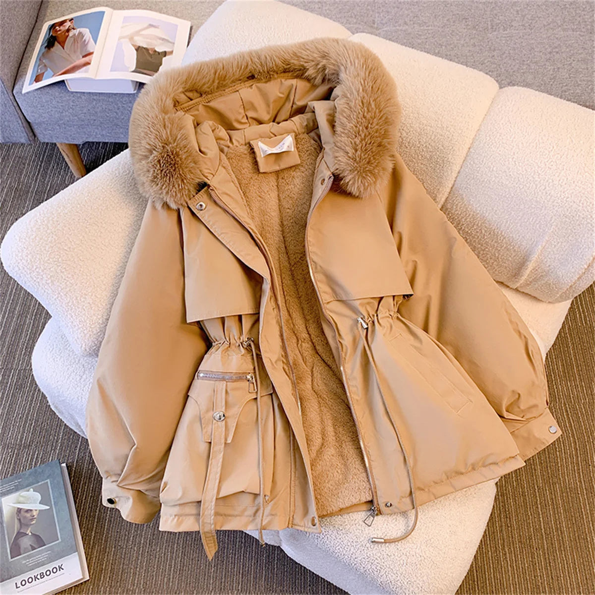 Women Autumn Winter Fashion Coats Korean Hooded Drawstring Padded Jackets Solid Female Casual Street Outfit Coat Zip Up Parkas Lizbert