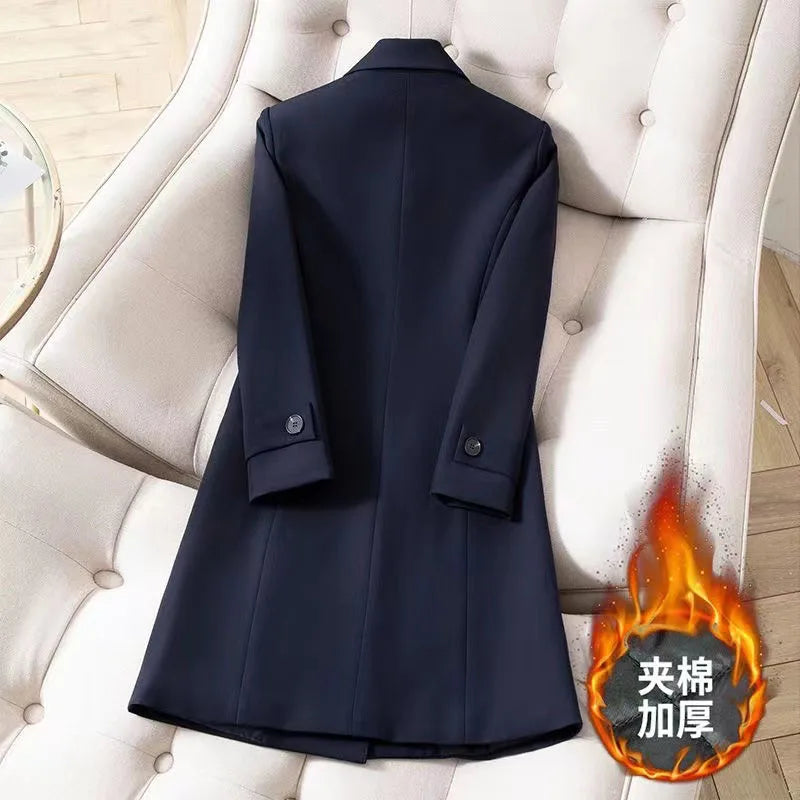 Ladies Long Blazer High Quality Autumn Winter Women Black Red Navy Blue Thicke Blazers Female Casual Jacket Coat Windbreakers Lizbert