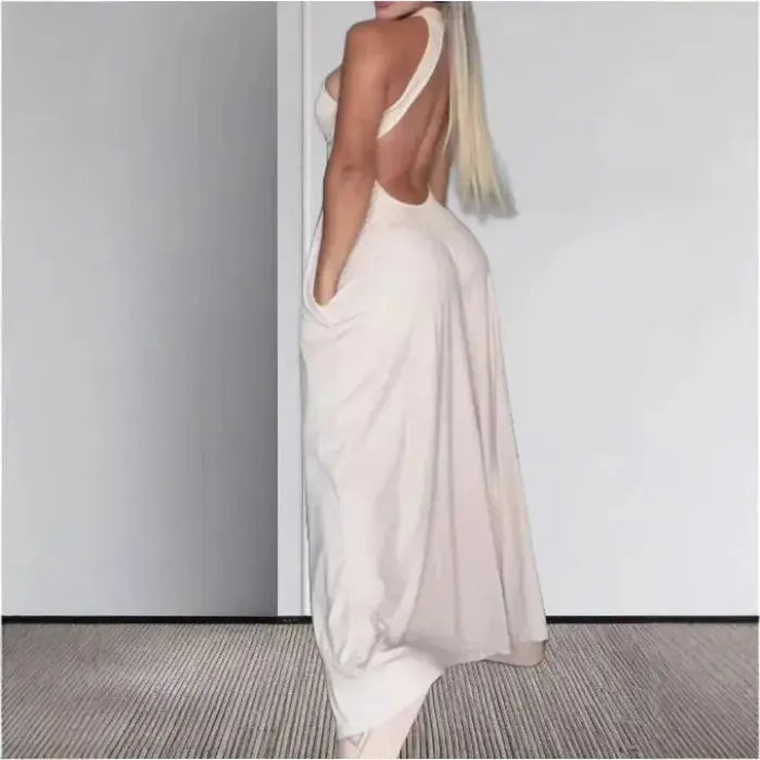 Elegant Jumpsuit Women Backless Hanging Neck Pocket Slim Fit Solid Color Bodysuit Conjoined Body Wide Leg Pants 2025 Summer New Lizbert