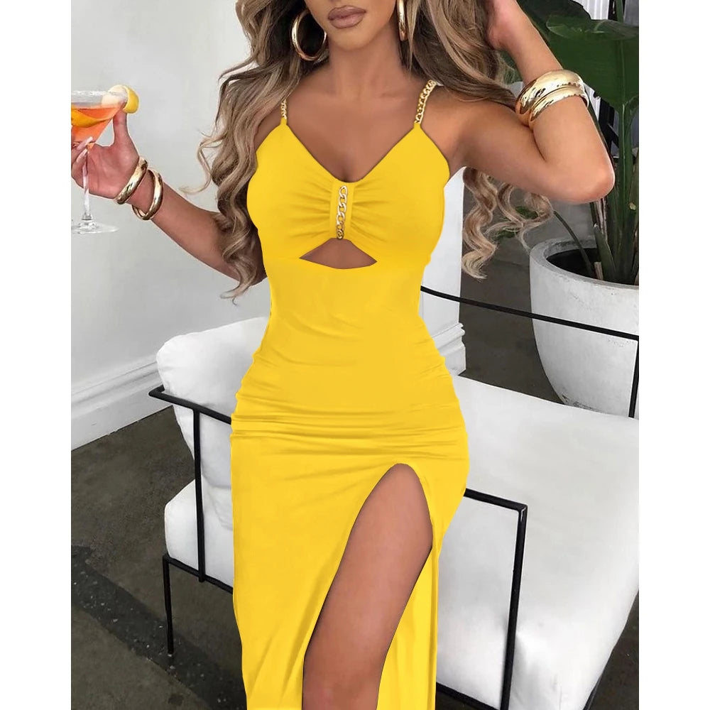 Summer Women V-Neck Chain Decor Cutout High Slit Dress Fashion Femme Bodycon Sleeveless Maxi Party Dress Outfits Robe - Lizbert
