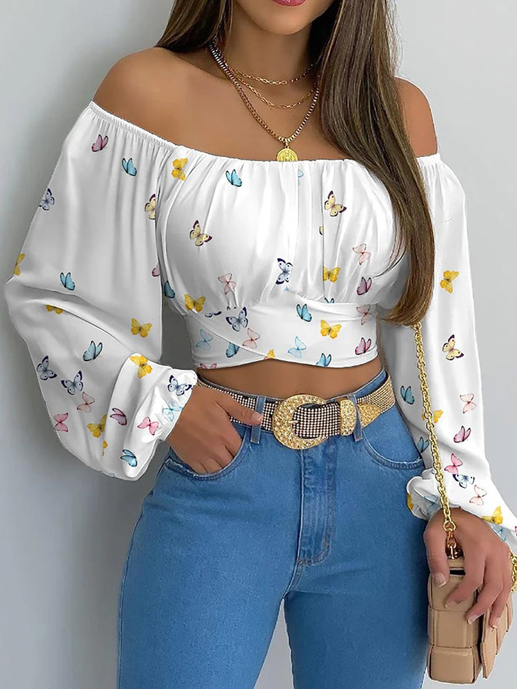 Women Elegant Boho Print Blouse Casual Long Lantern Sleeve Off Shoulder Slim Shirt Female Chic Cropped Top Summer Tunics Lizbert