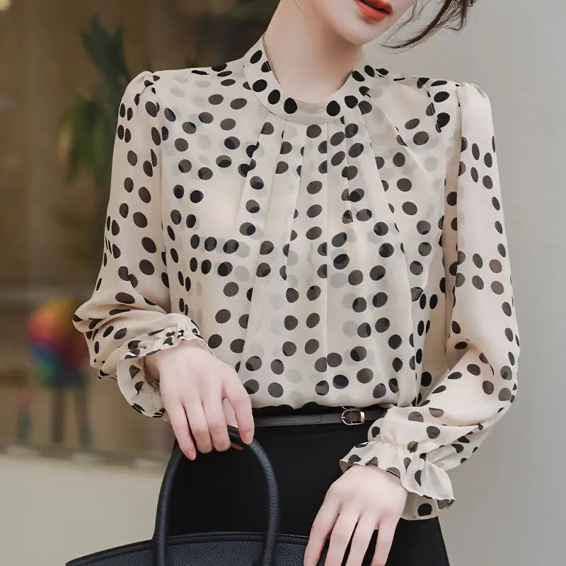 Spring Autumn New Round Neck Long Sleeve Blouse Women Fashion Ruffles Polka Dot Pullovers Elegant High Street All-match Tops Lizbert