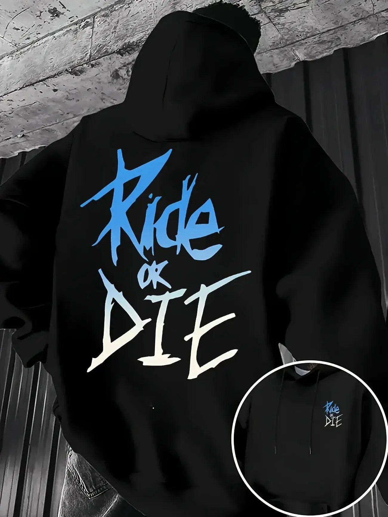 RIDE OR DIE graffiti print street kangaroo pocket designer men's autumn and winter casual polyester fiber hooded sweatshirt