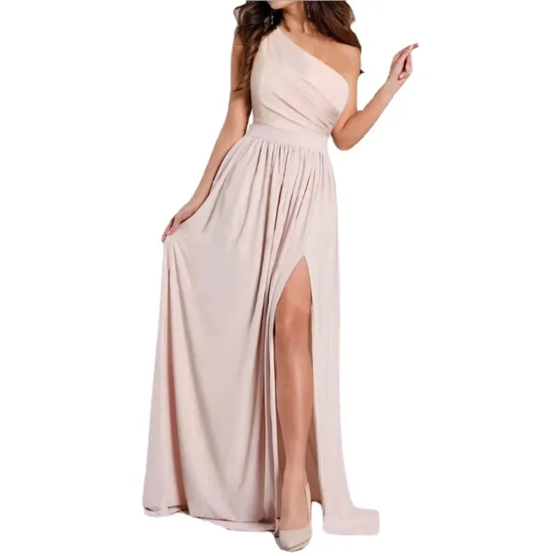 Lady Elegant One Shoulder Sleeveless Party A-line Dress Women Red Solid Sexy Prom Evening Dresses High Slit Long Maxi Vestidos - Lizbert