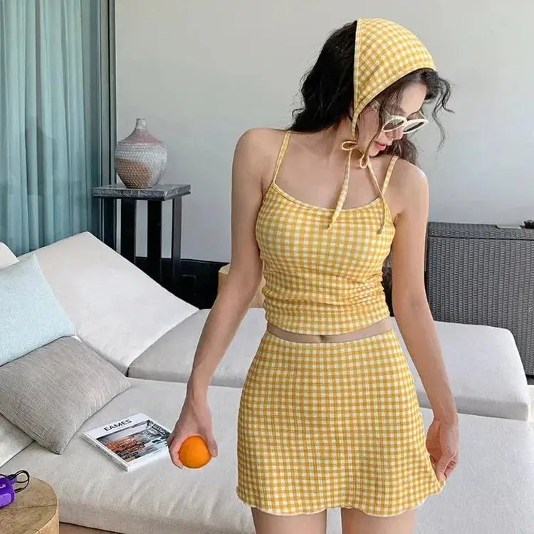 New 2026 swimsuit Three-Piece Swimsuit Slimming Cover-Up Holiday Beauty Checkered Pattern Conservative Korean Style Bikini Set Lizbert