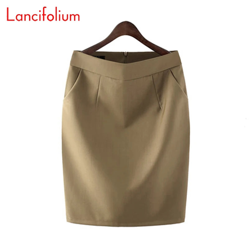 Knee Length Work Office High Waist Skirt Women Summer Vintage Formal OL Skirt Pocket Female Black Grey Bodycon Business Skirt Lizbert